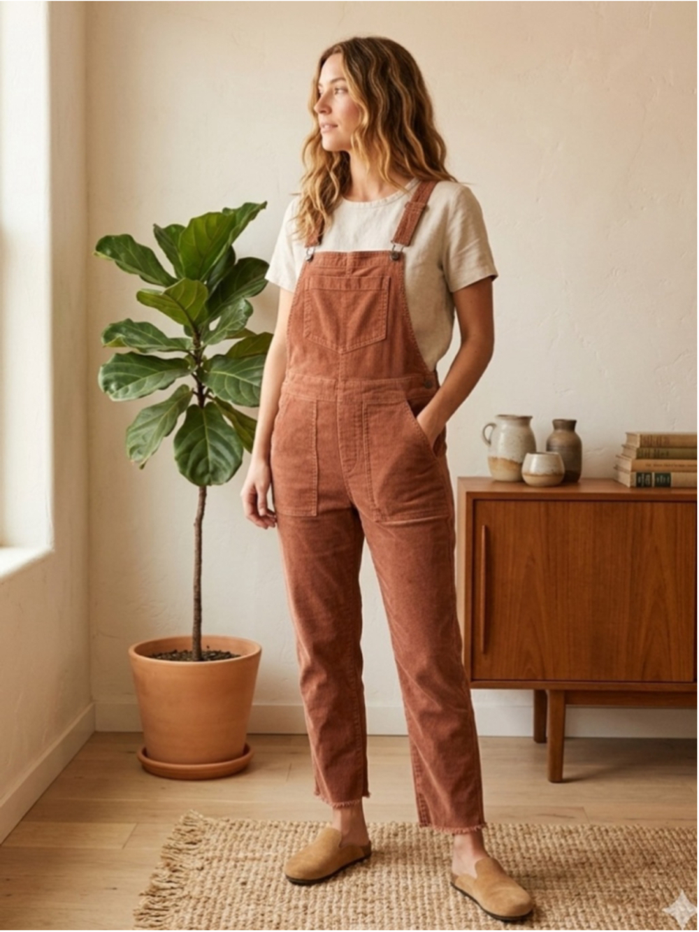 AERIE Corduroy OVERALLS Bohemian Minimalist APRON JUMPSUIT Rust Brown WOMENS S